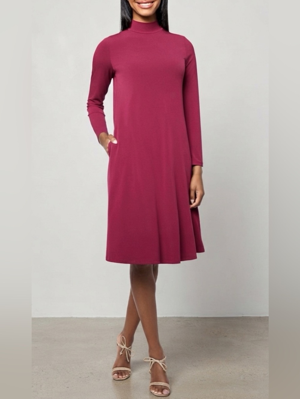 Susan Graver Liquid Knit Elegant Long Sleeve Cranberry Tone Dress